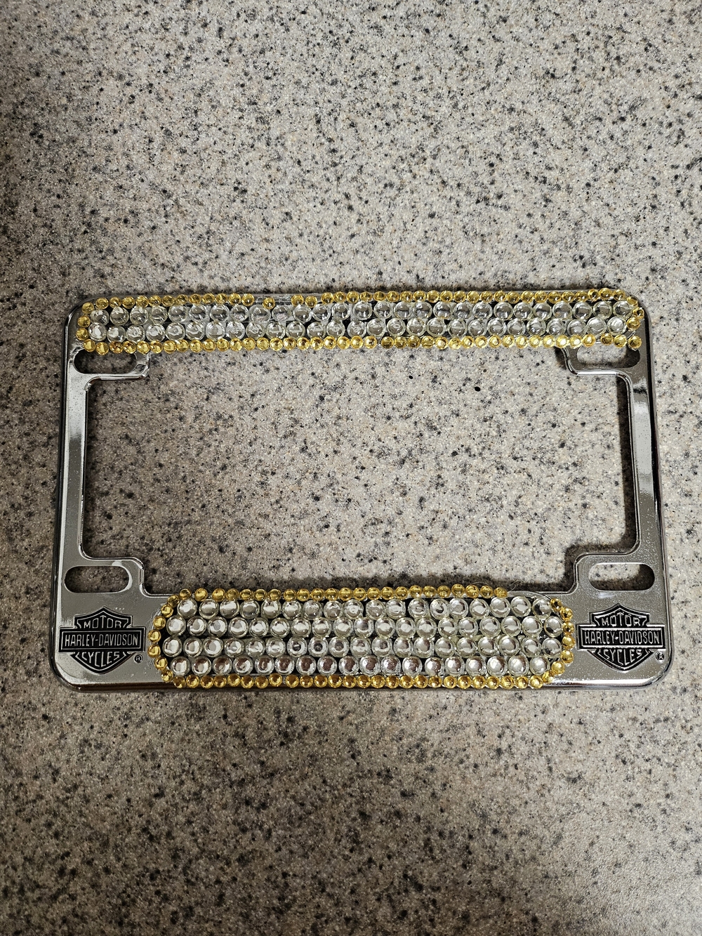 Harley-Davidson Silver License Plate Frame with Gold & Silver Crystals